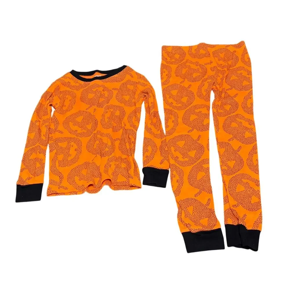 Carter's 2pc Orange Pumpkin Pajamas 7 7A Cotton Halloween Jack O Lantern Set